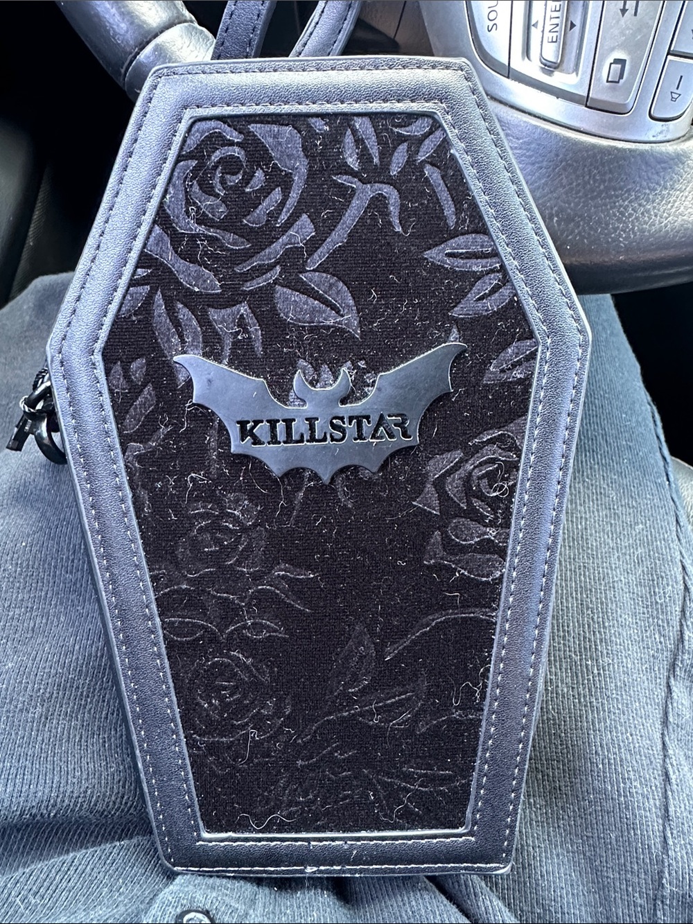 Killstar Black Velvet Coffin Crossbody Bag with Bat Logo